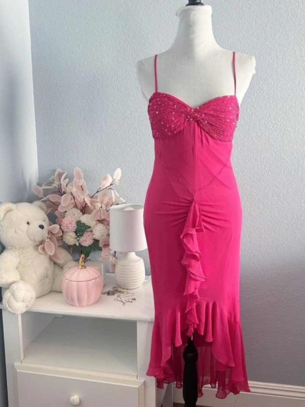 Sue Wong Y2K Vintage Cocktail Mermaid Ruffle Midi Dress